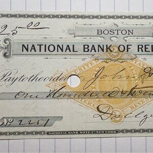 1878 National Bank of Redemption Boston Check Antique Banking Document